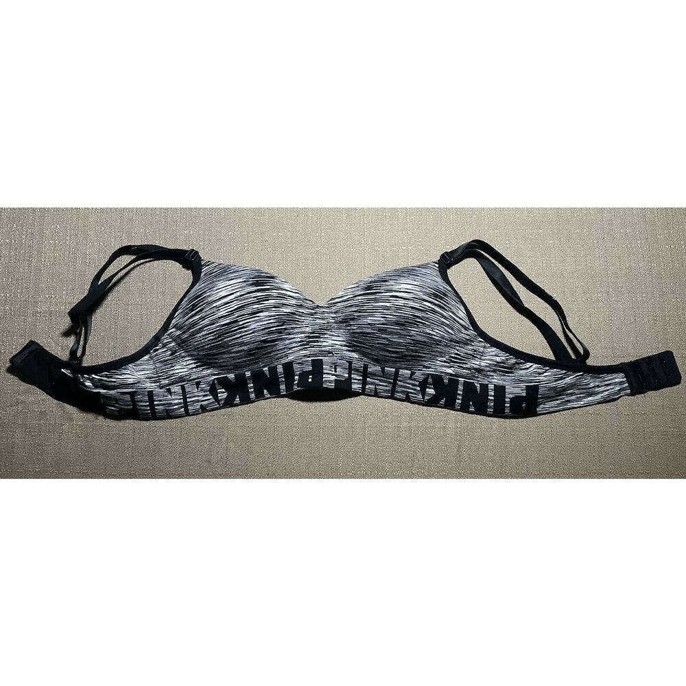PINK Victoria's Secret Sports Bra Size Medium M Black White LOGO Underwire Band